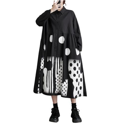 ellazhu Womens Fall Casual Patchwork Funky Long Sleeve Designer Dress Loose Blouse GY2787 A Small-X-Large Black19