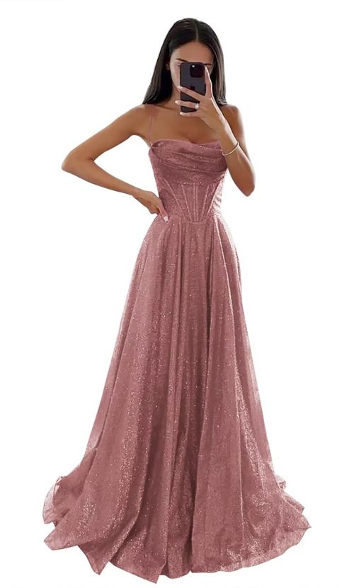 Sparkly Sequin Tulle Prom Dresses for Women with Slit Cowl Neck Corset Formal Evening Gown with Pockets Dusty Rose 20 Plus