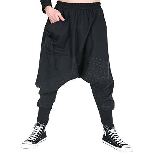 ellazhu Men's Baggy Relaxed Fit Elastic Waist Dropped Crotch Harem Pants Trousers GYM188 A Large-X-Large Black