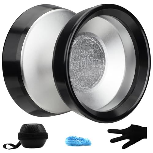 YOYOSTUDIO Yoyo Professional Unresponsive Yoyos with Dual Aluminum Alloy Rings, Pro Tricks Yo yos for Adults, Metal Yoyo for Kids 8-12 or Above with Strings, Gloves & Case Silver (Black Ring