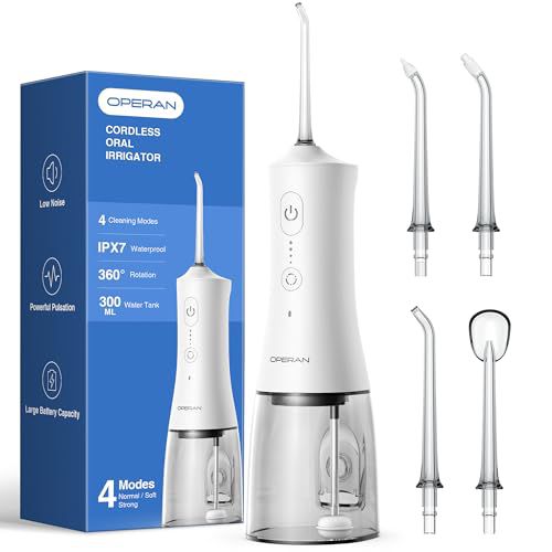 Operan Water Flossers for Teeth Cleaning Upgraded 300ml Cordless Water Dental Flossers Rechargeable Oral Irrigator with 4 Modes 4 Jet Tips IPX7 Waterproof Water Floss for Home Travel (White)