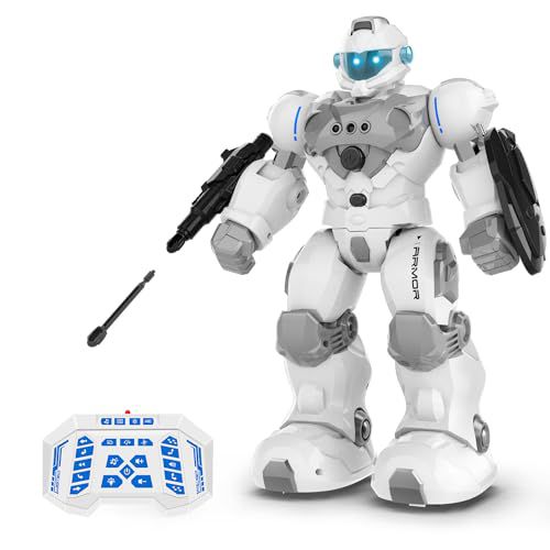 STEMTRON Robot Toys for Kids, Programmable Remote Control Robot with Intelligent Gesture Sensing, Recharge, Singing & Dancing Mode, Launcher (White)