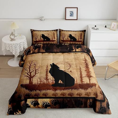 Feelyou Cute Wolf Comforter Set for Girls Boys Kids Wolves Howling Bedding Set Room Decorative Animal Wolves Tree Pattern Bedding Set Exotic Style Brown Black Duvet Set Queen Size 3Pcs Quilt