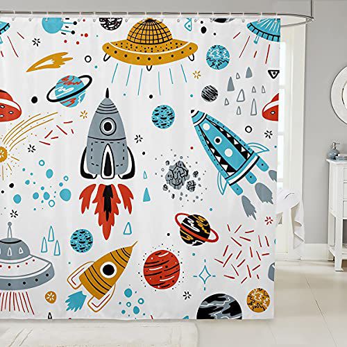 Feelyou Kids Space Rocket Shower Curtain Boys Universe Planet Bathroom Shower Curtain Set for Children Outer Space Adventure Bath Curtain Space Ship Design Waterproof Room Decor 72"x72"