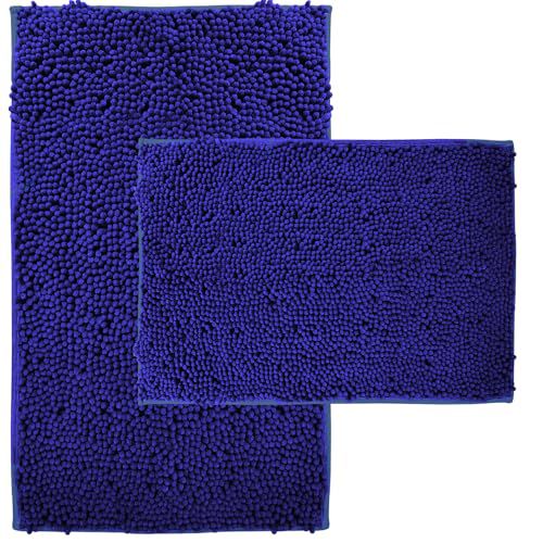 RUN HELIX Bath Rugs Non Slip Washable 2 Piece Non Slip Extra Absorbent Shaggy Chenille Bathroom Rugs and Mats Sets 32"L x 20"W + 24"L x 16"W Deep Blue