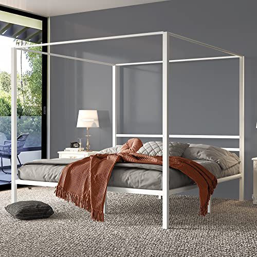 YITAHOME Metal Four Poster Canopy Bed Frame 14 Inch Platform with Built-in Headboard Strong Metal Slat Mattress Support, No Box Spring Needed, White, King Size Alloy Steel White King