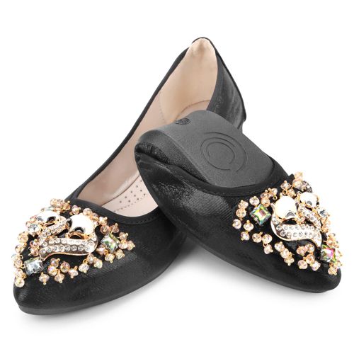 KUNWFNIX Women Ballet Flats Rhinestone Wedding Ballerina Shoes Foldable Sparkly Comfort Slip on Flat Shoes 9 #A2_black