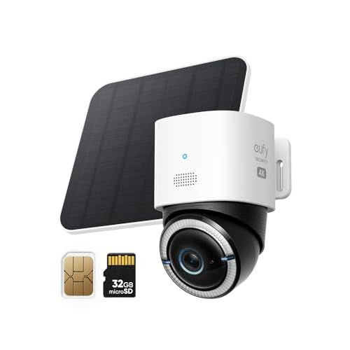 eufy Security 4G LTE Cam S330, 4K Cellular Solar Security Cameras Wireless Outdoor, Pan and Tilt, 4G and Wi-Fi Duo-Mode, AI Tracking, with SIM Card and 32GB SD Card, No WiFi, No Problem