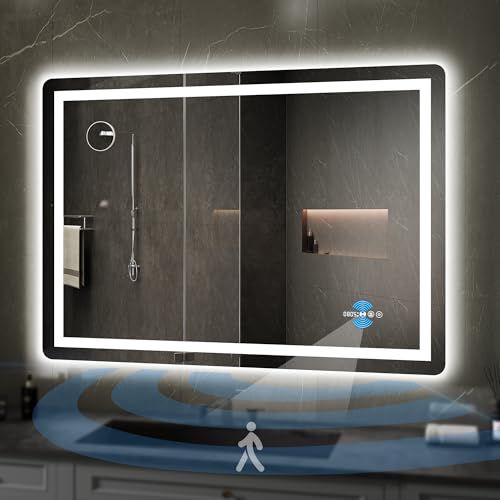 YITAHOME 48 x 32 Inches LED Bathroom Mirror, Front Light and Backlit, Motion Sensor, 10X Magnifying Glass, 3 Colors Dimmable, 5mm Tempered Glass, Anti-Fog, Wall Mounted Mirror-Horizontally O