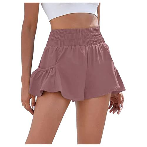 FQFGGYD Running Shorts for Women Casual Fitness Gym Shorts Quick Dry Summer Ruffled High-Waisted Lounge Shorts with Pockets Pink