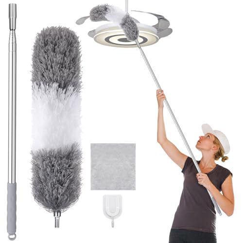 Extendable Duster,with 30-100 inch Adjustable Pole Ceiling Fan Cleaning Duster with Flexible Head Duster with Extension Pole for Cleaning High Ceilings Blinds Furniture and Cars Off-white 3 