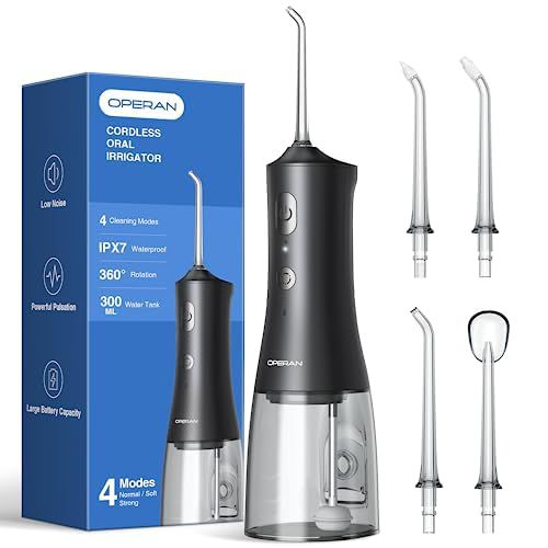 Operan Water Flosser for Teeth Cleaning Upgraded 300ml Cordless Water Dental Flossers Rechargeable Oral Irrigator with 4 Modes 4 Jet Tips IPX7 Waterproof Water Floss for Home Travel (Black)+