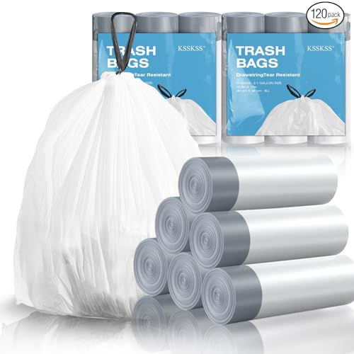 120 Counts 1.6 Gallon Mini Drawstring Trash Bags, Small Garbage Bags by KSSKSS, Code a fit 4.5-8 Liter, 1.2-2 Gal, White Trash Bin Liners for Home Office Kitchen Bathroom Bedroom 2 Gallon Tr