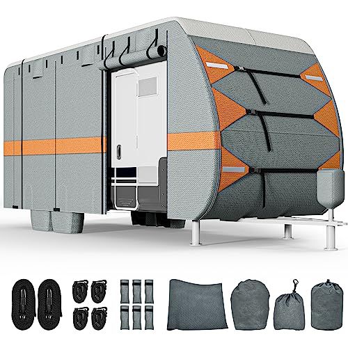 YITAHOME 27-30FT Travel Trailer Cover RV Cover Camper Cover Super Thick Waterproof Windproof Anti-UV Rip-Stop Motorhome Covers with 2 Long Straps 4 Tire Covers Tongue Jack Cover