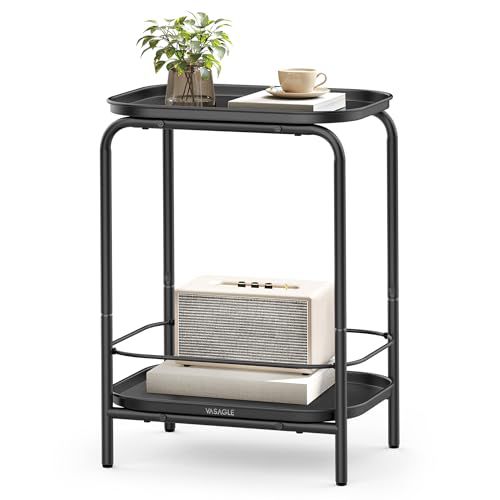 VASAGLE 2-Tier Outdoor Table, Small Side End Table with Tray Storage, Bedside Nightstand for Living Room, Bedroom, Modern Style, Ink Black ULET243B01