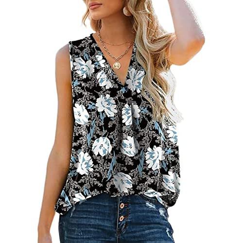 Fuyxxmer Summer Tank Tops for Women Elegant V Neck Sleeveless Shirts Pleated Chest Casual Tops Blouse Shirt Black Floral Large