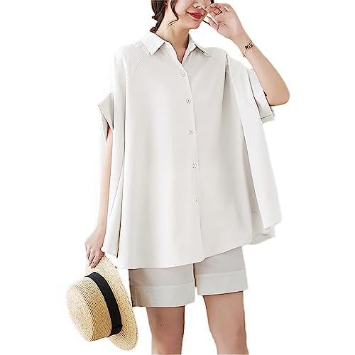 ellazhu Women's Batwing Sleeve Polka Dot Printed Button Down Blouse Oversized Shirt Top for Summer GY1903 Small-X-Large White2651