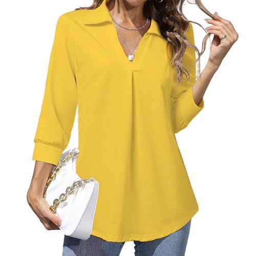 Heat Move Women's 3/4 Sleeve Work Blouse Collared V Neck Shirts Loose Fit Top for Public Occasion Small Yellow