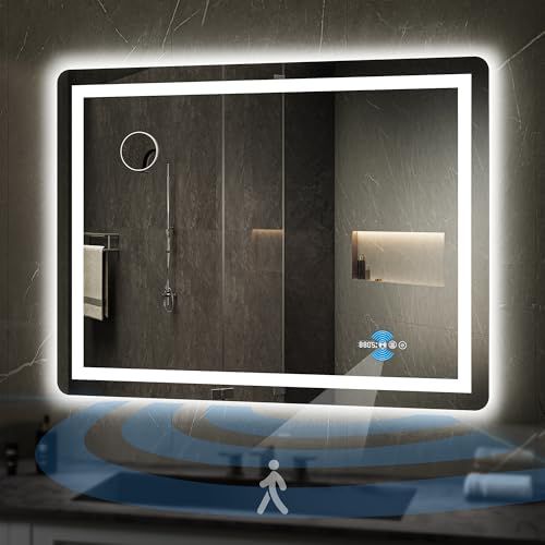 YITAHOME 40 x 32 Inches LED Bathroom Mirror, Front Light and Backlit, Motion Sensor, 10X Magnifying Glass, 3 Colors Dimmable, 5mm Tempered Glass, Anti-Fog, Wall Mounted Mirror-Horizontally O