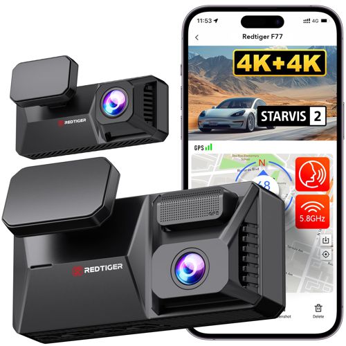 REDTIGER F77 4K+4K Dash Cam Front and Rear, Dual STARVIS 2 IMX678 HDR, Built-in 128GB eMMC, Voice Control Dash Camera for Cars with 5.8GHz WiFi, 4'' Touch Screen, GPS, Night Vision, 24H Park