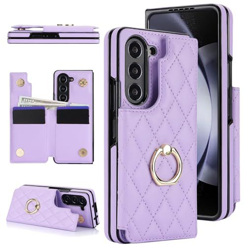 for Samsung Galaxy Z Fold 5 Wallet Case with Ring and Credit Card Holder, Cash Slot, Premium Diamond Leather Magnetic Clasp Kickstand Heavy Duty Protective Cover.(Purple)