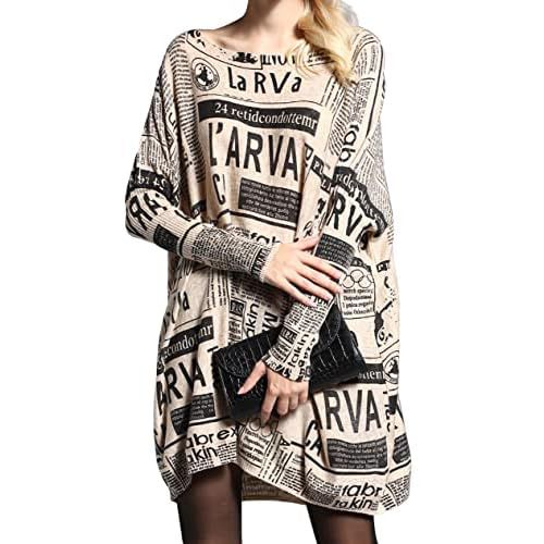 ellazhu Women's Autumn Long Sleeve Printed Newsprint Crew Neck Sweater Sweatshirt DH40 Khaki Small-X-Large