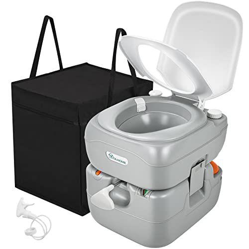 YITAHOME Portable Toilet Camping Porta Potty 5.8 Gallon with Carry Bag and Hand Sprayer, Leak-Proof Indoor Outdoor Toilet with Level Indicator, Handle Pump, for RV Travel, Boat and Trips Sta