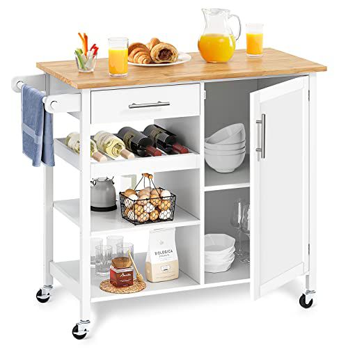 YITAHOME Kitchen Island Cart, 4-Tier 37.8'' Rolling Kitchen Cart with Storage, Serving Utility Trolley Cart On Wheel with Drawer and Cabinet, Towel Rack, Wood Top, White 41.3"W White