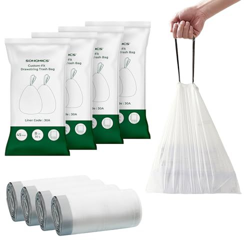 SONGMICS Trash Bags for 8-Gallon (30L) Trash Cans, 180 Count Drawstring Kitchen Garbage Bags, Pre-Separated, Liner Code 30A, 4 Rolls, White UKRB030A04