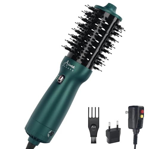 Aima Beauty Hair Dryer Brush Dual Voltage Travel Blow Dryer Brush Hot Air Brush with Oval Barrel 360°Airflow for Smooth,Negative Ionic Frizz-Free Drying/Straightening/Voluming, Dark Green