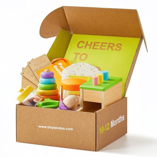 Tiny Land Montessori Toy Set for Babies 1 Year Old Thinker Play Kit- 5-in-1 Wooden Learning Toys with Peg Drop Box, Rocking Stacker, Egg Cup, Canister Set, and Crinkle Bag 10-12M Educational