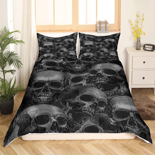 Sugar Skull Duvet Cover Gothic Skeleton Bedding Set for Kids Boys Girls Teens Room Decor Pesonalized Skeleton Bones Comforter Cover Set Halloween Themed Grey Bedspread Cover 2Pcs Zipper Twin