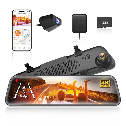 WOLFBOX G840S 12" 4K Mirror Dash Cam Backup Camera, 5.8GHz WiFi Smart Rearview Mirror for Cars & Trucks, Front and Rear View Dual Cameras, Night Vision, Parking Assistance, Included 32GB Car