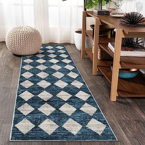 Lahome Moroccan Trellis 2x6 Bathroom Runner Rug, Hallway Rug Runner 6 Feet Non Slip, Modern Washable Ultra-Thin Kitchen Carpet Runners for Laundry Room Bedroom Living Room, Blue 2' x 6' (Run