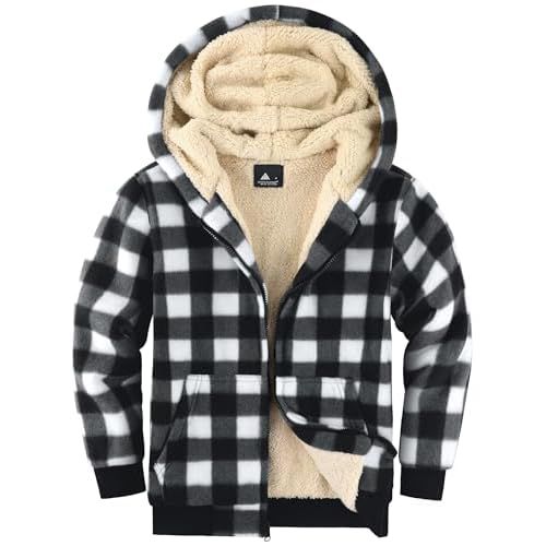 V VALANCH Boys Zipper Hoodie Kid Fleece Lined Plaid Flannel Jacket Winter Coat Black Grey White Plaid 8-9 Years