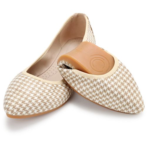 KUNWFNIX Women's Ballet Flats Foldable Classic Crown Rhinestone Slip On Flowers PU Leather Pointed Toe Comfort Flat Casual Dress Shoes 10 #05-apricot