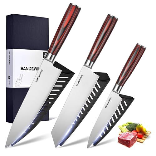 3-Piece Professional Chef Knife Set - Ultra Sharp Japanese Knives with High Carbon Stainless Steel Blades, Ergonomic PakkaWood Handles, and Sheaths in Gift Box for Home or Restarant 3PCS Kni