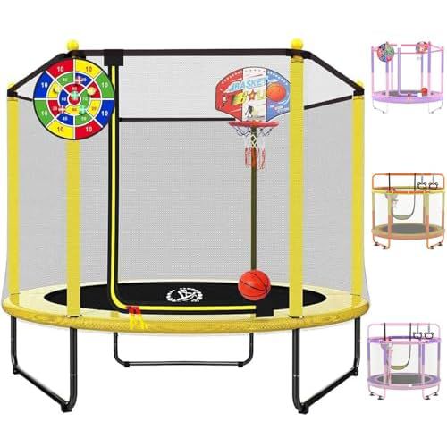 LANGXUN 60" Trampoline for Kids, 5ft Mini Toddler Indoor & Outdoor Trampoline with Net, Basketball Hoop & Dart Board, Birthday Gifts for Boys & Girls, Baby Toddler Christmas Toys