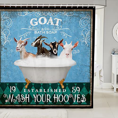 Funny Goat Shower Curtain for Bathroom Kids Retro Funny Farm Animal Bathroom Shower Curtain Set Girls Vintage Farmhouse Goats Bath Curtain Blue Green Diamond Geometric Bathroom Accessories 7