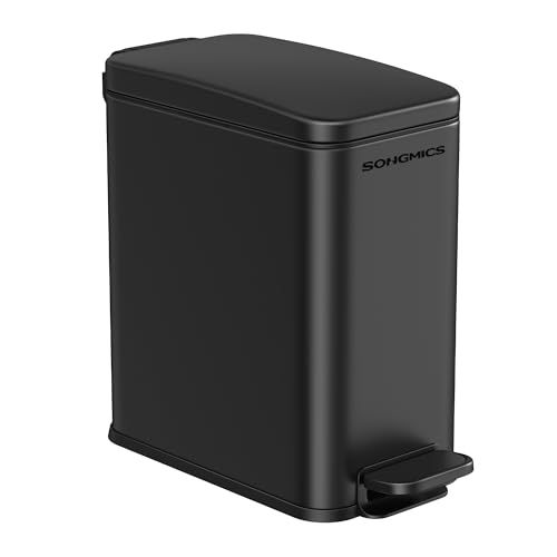 SONGMICS Bathroom Trash Can, 1.3 Gallon (5 L) Small Trash Bin with Lid, Slim for Small Spaces, Stainless Steel Garbage Can, Soft Close, Black ULTB560B05 Black 1.3 Gal.