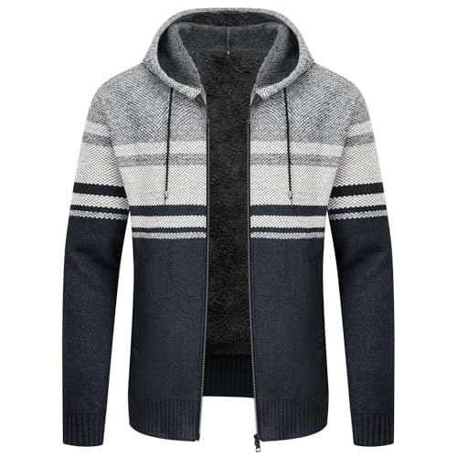 V VALANCH Mens Fleece Jacket Full Zip Hoodies Sherpa Lined Hooded Jacket Thick Knitted Cardigan Sweaters Outerwear