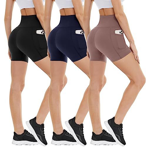 3 Pack Biker Shorts with Pockets for Women – 8"/5" High Waisted Tummy Control Workout Spandex Shorts for Gym Yoga 5 IN XX-Large Black/Navy Blue/Rosy Brown