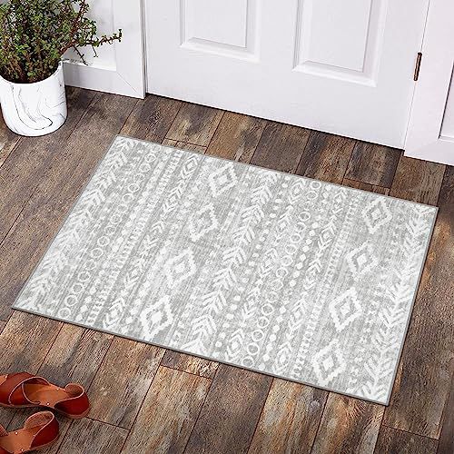 Lahome Moroccan Entryway Rug,2x3 Grey Boho Rugs for Entryway Non-Slip Washable Small Area Rug,Farmhouse Soft Geometric Kitchen Rug Low-Pile Indoor Door Mat Throw Rugs for Entrance Front Door