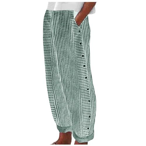 FQFGGYD Women's Linen Pants Stripe Casual Cargo Pants Elastic Waist Straight Leg Pant Baggy Sweatpant Lounge Trousers Pockets Green