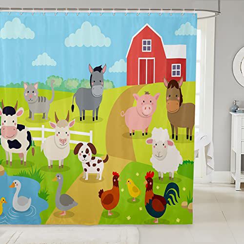 Farm Animal Bath Curtain Pig Dog Cow Goat Duck Shower Curtain for Bathtub Kids Teens Waterproof Rustic Farmhouse Bathroom Shower Curtain Set Farm Nursery Decor Kids Bathroom Accessories 72"x