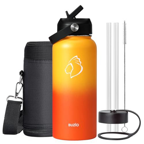BUZIO 32oz Insulated Water Bottle, Triple Wall Vacuum Stainless Steel Water Flask with Straw Lid, BPA-Free Leakproof Sports Canteen for Sports Hiking, Cold 48H & Hot 24H- Yellow Orange 32 Ou