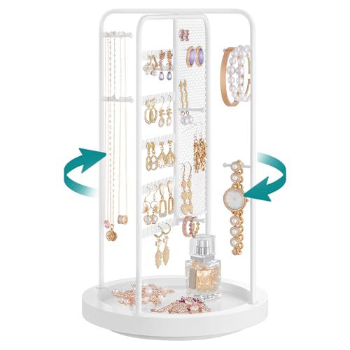 SONGMICS Jewelry Stand, Rotating Jewelry Display, 4 Independent Sections, Metal Frame, with Bottom Tray, Jewelry Organizer for Necklaces, Bracelets, Earrings, Rings, Gift Idea, Black UJJS023