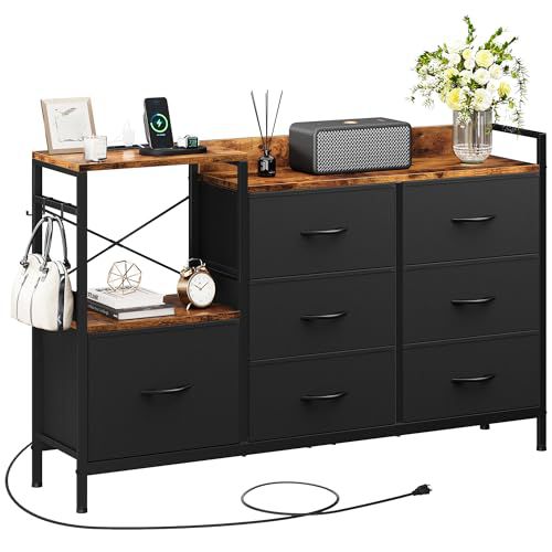 YITAHOME TV Stand with Charging Station, TV Dresser for 52'', Media Console Table, Long TV Stand for Living Room TV Stand with 7 Drawers and Shelves