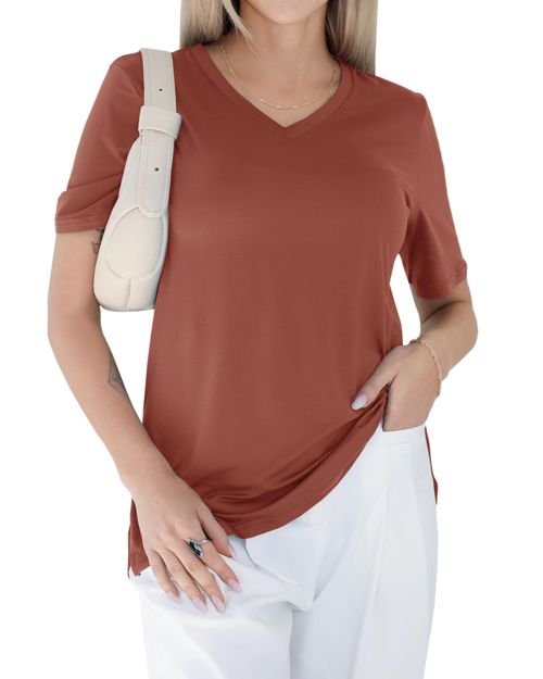 GAYHAY Womens V Neck T Shirts Oversized Loose Fit Short Sleeve Tops Casual Summer Vacation 2025 Orange Brown Large