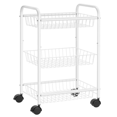 SONGMICS 3-Tier Metal Rolling Cart, Storage Cart with Removable Baskets, Utility Cart with Wheels and Handle, for Kitchen, Bathroom, Laundry Room, White UBSC003W01